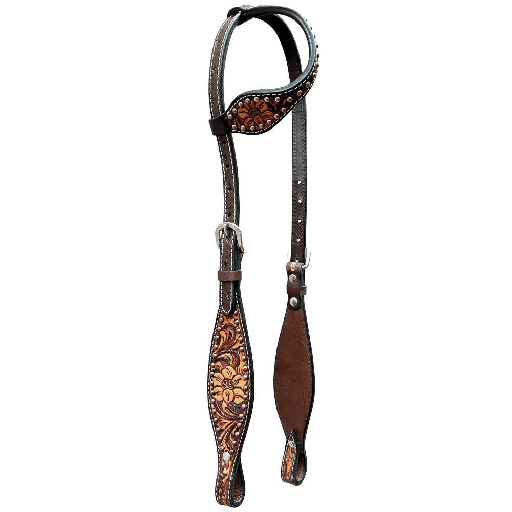 LS Western - Western Lederen Eén Oor Hoofdstel met flower tooling en studs
