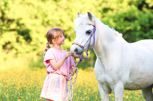 Het Paardenatelier - Touwhalster set rijhalster + teugels ‘Rainbow’ paars