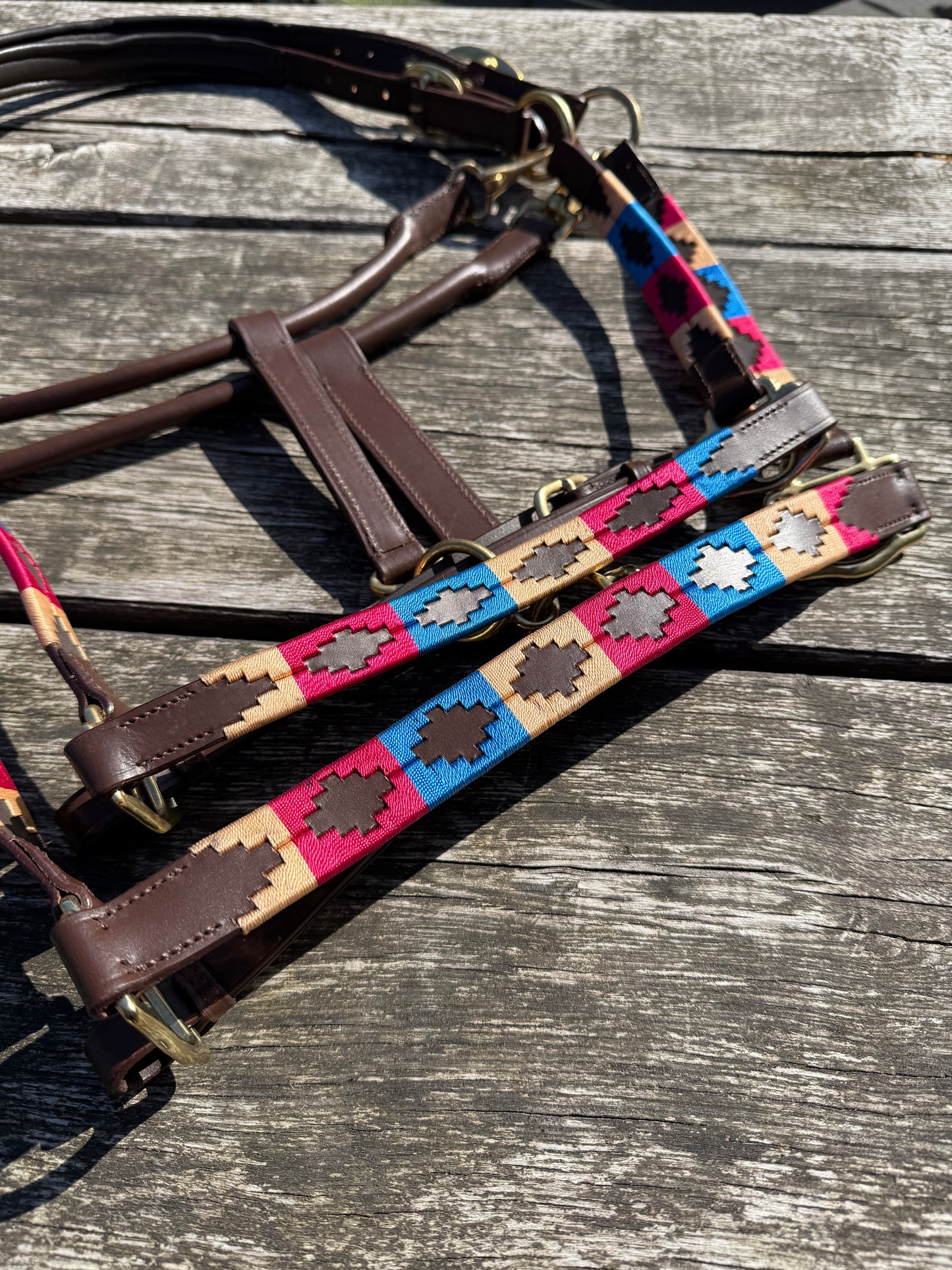 FMH - Havana lederen polo halster ‘Polo Vaquero Classy’ rood/blauw/crème