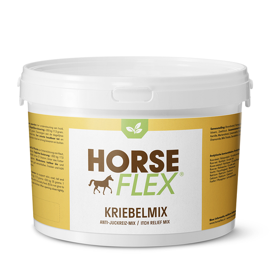 Horseflex Kriebelmix, kruidenmengsel voor paarden ter ondersteuning van een gezonde huid en vacht, helpt bij het verlichten van jeuk en irritaties.