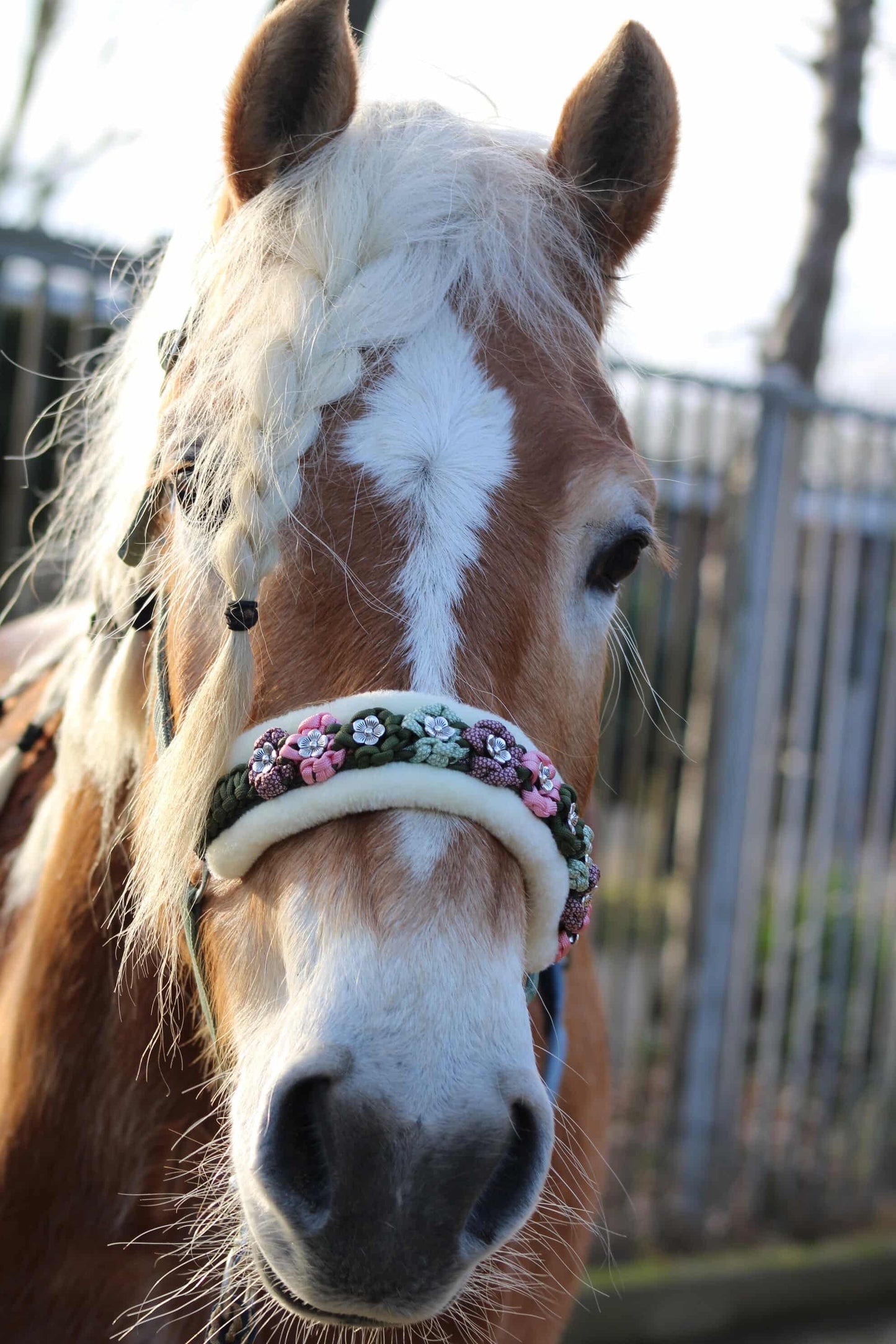Handgemaakte paardenhalsters - Geknoopt bloemenhalster ‘Magnolia’ olijf/roze