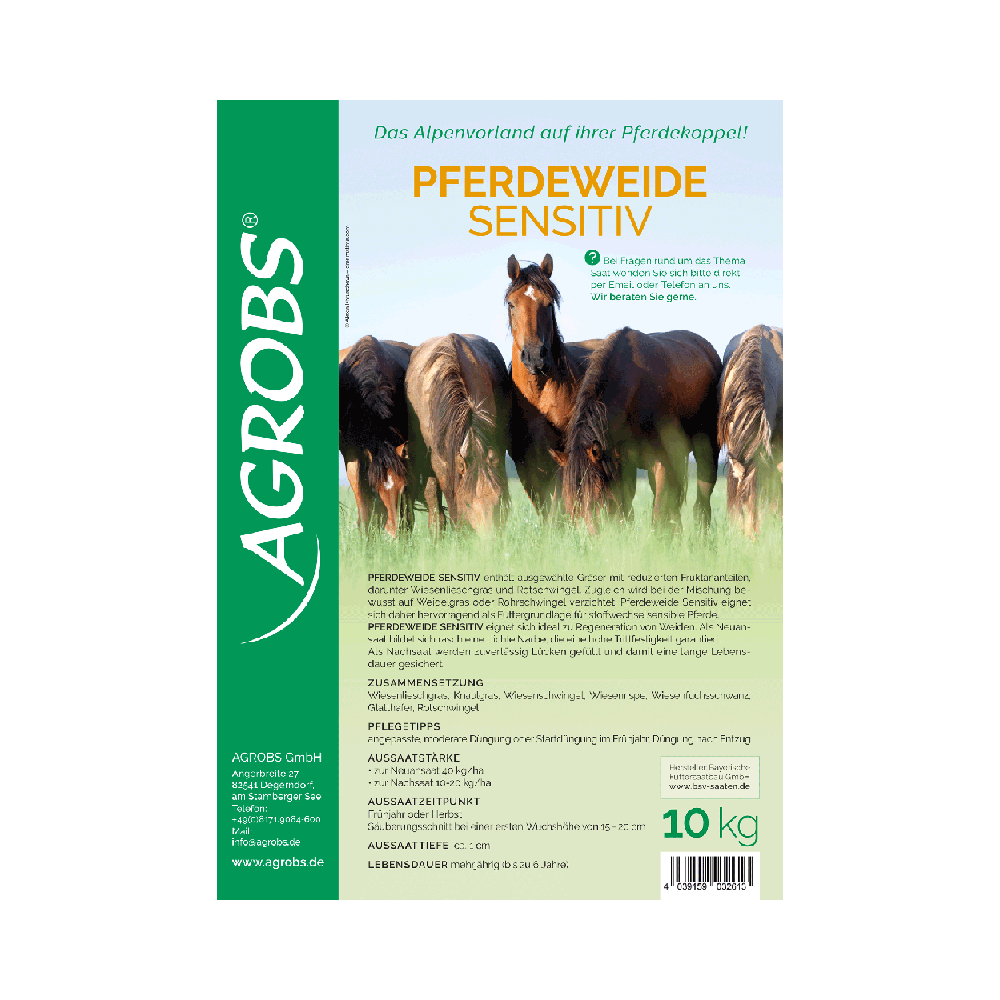 Agrobs Pferdeweide Sensitiv – paardvriendelijk graszaadmengsel zonder klaver, laag in fructaan en rijk aan kruiden