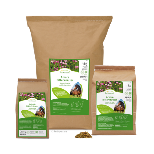Amara bittere kruiden van Pernaturam voor paarden, ter ondersteuning van de spijsvertering en eetlust