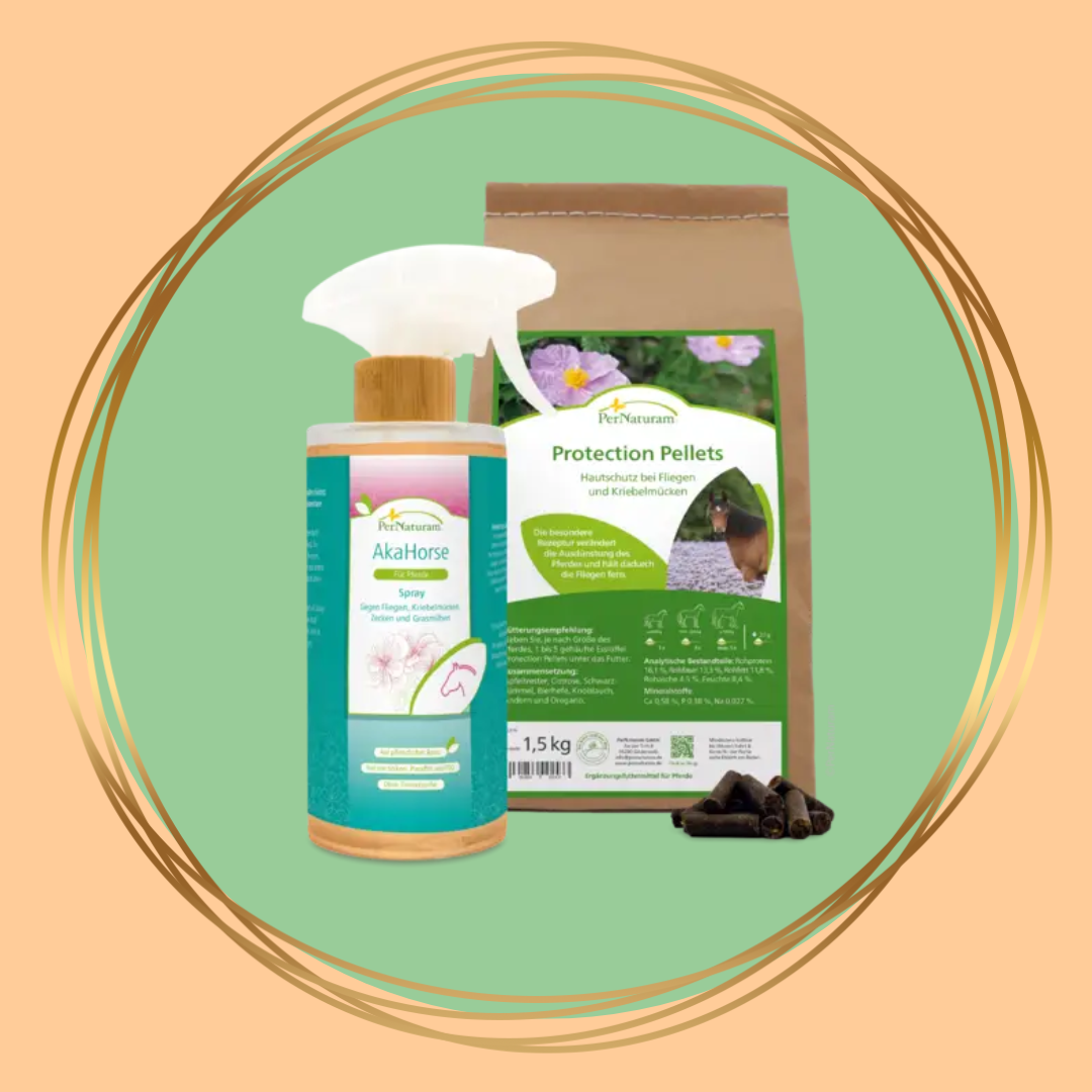 Anti‑Vliegen Pakket voor paarden met natuurlijke bescherming tegen vliegen en knutten.