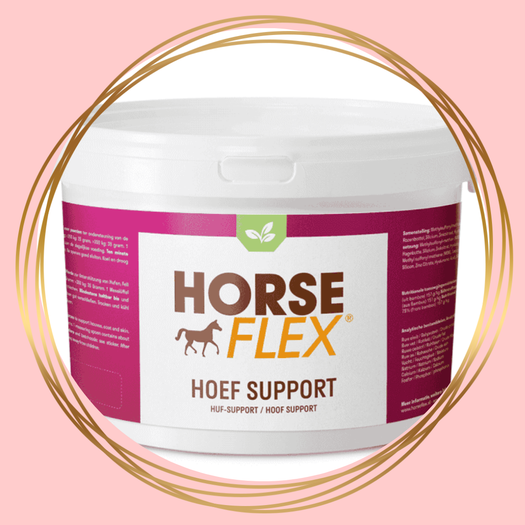 HorseFlex Hoef Support poeder voor paarden ter ondersteuning van sterke hoeven, gezonde huid en glanzende vacht.