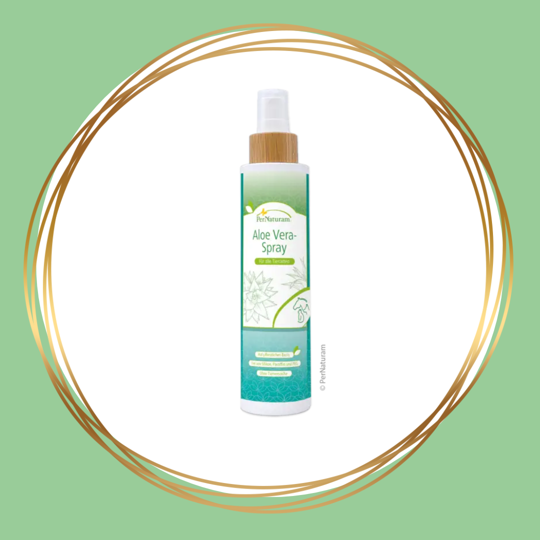 PerNaturam Aloë Vera Spray verzacht jeuk en verzorgt huid en vacht van dieren met natuurlijke ingrediënten zoals citroengras en jojobaolie.