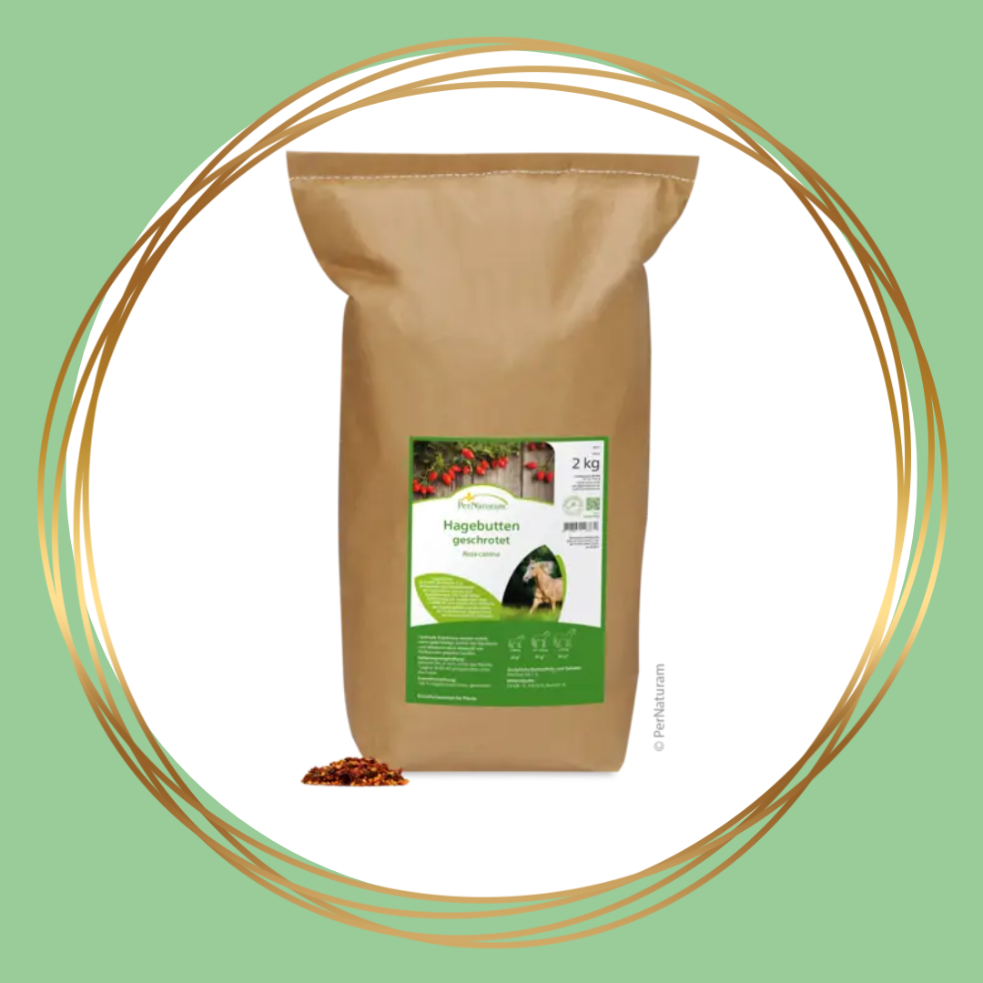 Gemalen rozenbottels van PerNaturam voor paarden ter ondersteuning van weerstand, huid en soepele beweging