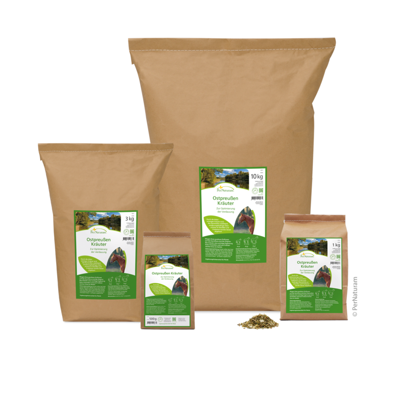 Oost-Pruisische kruidenmix van Pernaturam voor paarden, rijk aan aromatische weidekruiden en planten ter ondersteuning van spijsvertering en welzijn