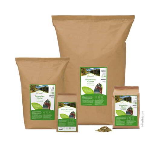 Oost-Pruisische kruidenmix van Pernaturam voor paarden, rijk aan aromatische weidekruiden en planten ter ondersteuning van spijsvertering en welzijn