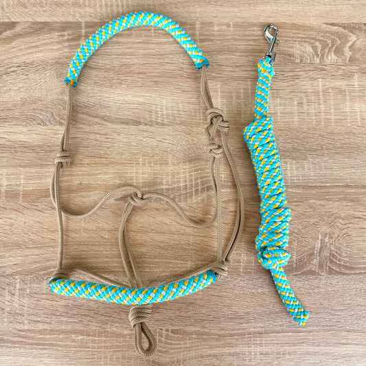Het Paardenatelier - Touwhalster set halster + halstertouw ‘Summer Vibes’ beige/ turquoise/ geel