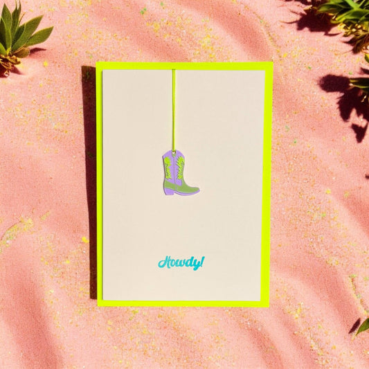 Pink Stories - Neon kaart met cadeauhanger Howdy Laars geel