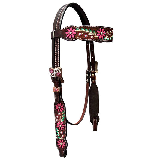 LS Western - Western Lederen Hoofdstel roze/groen bloementooling