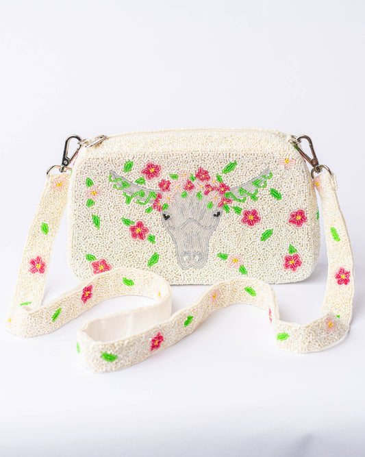 Pria Handmade - Beaded Bag schoudertas White Flower Longhorn