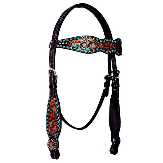 LS Western - Western Lederen Hoofdstel met tooling en turquoise details