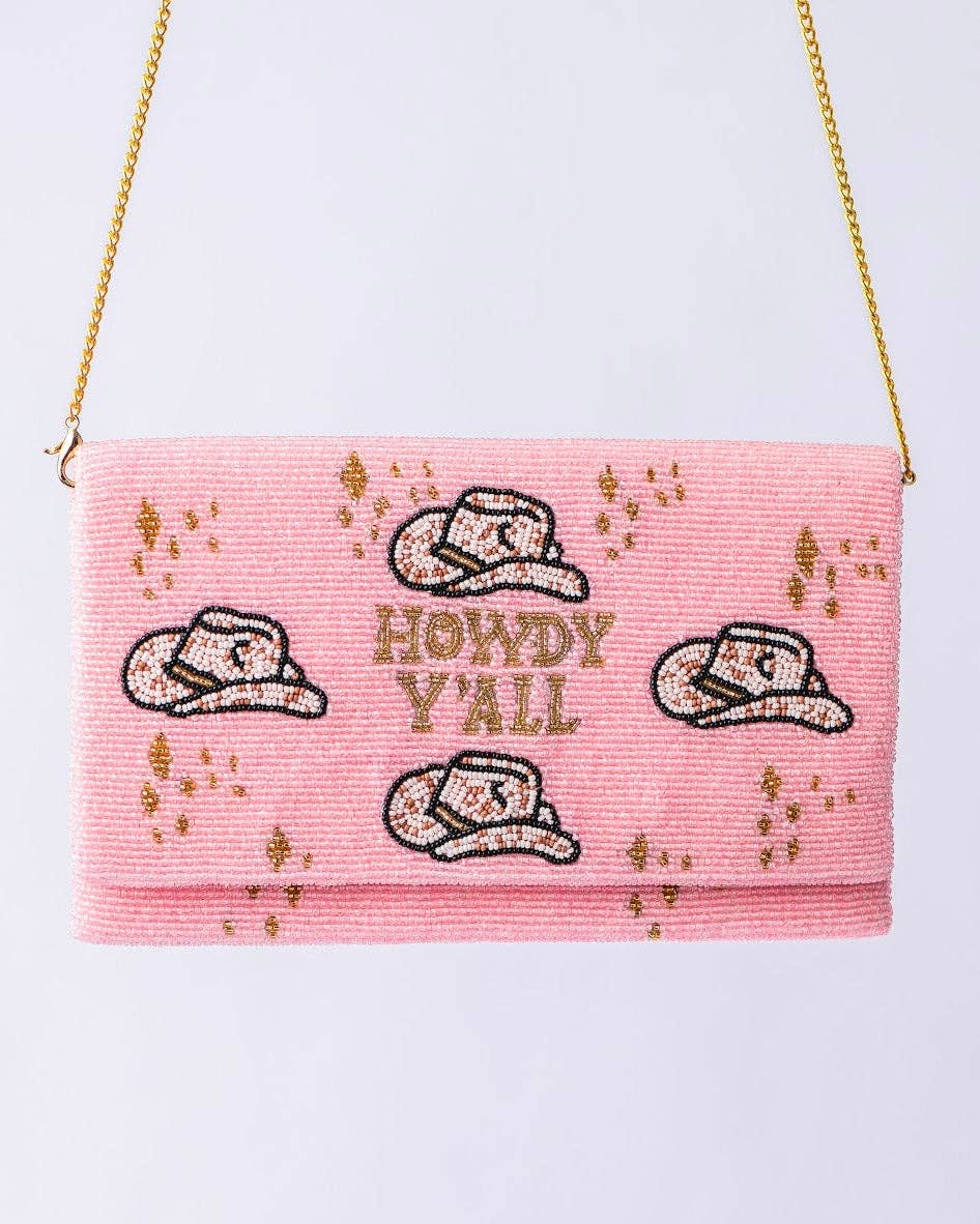 Pria Handmade - Beaded Bag schoudertas clutch Howdy Y'all lichtroze