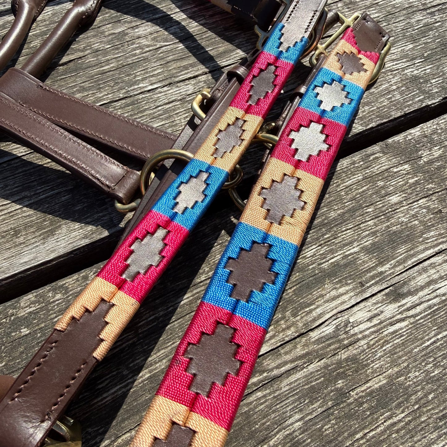 FMH - Havana lederen polo halster ‘Polo Vaquero Classy’ rood/blauw/crème