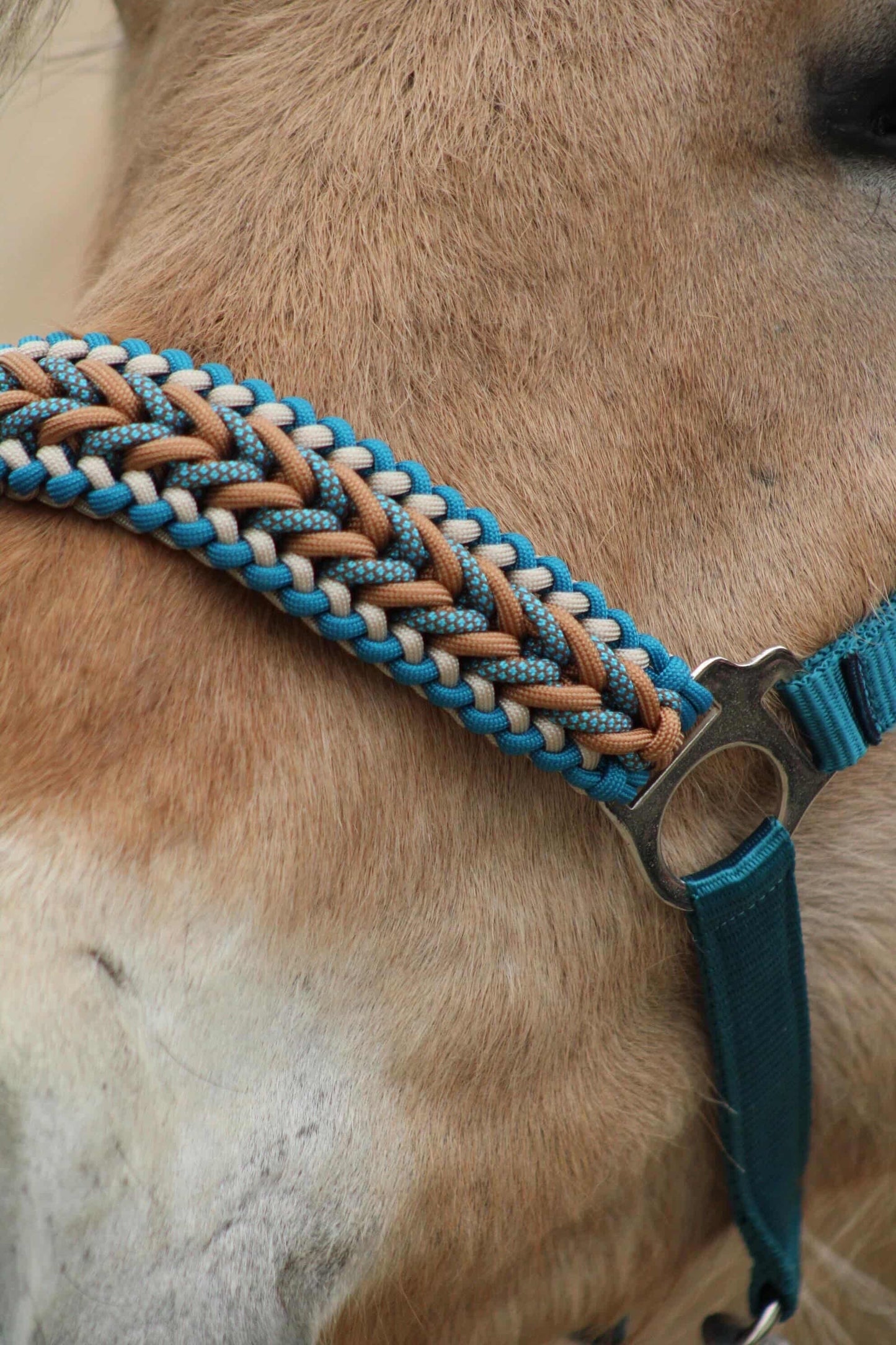 Handgemaakte paardenhalsters - Geknoopt halster ‘Teal Treasure’ emerald/teal/caramel