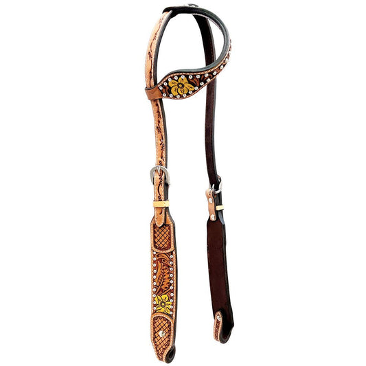 LS Western - Western Lederen one-ear Hoofdstel gele bloem en studs