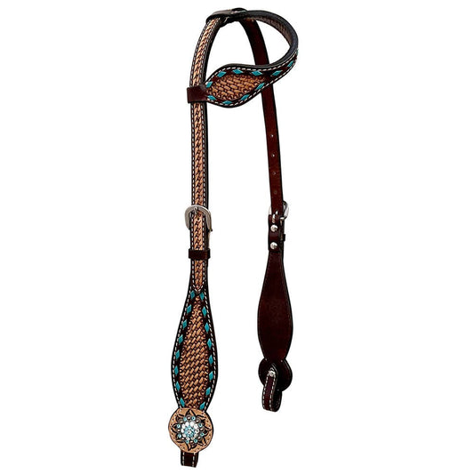 LS Western - Western Lederen one-ear Hoofdstel met tooling en turquoise afwerking