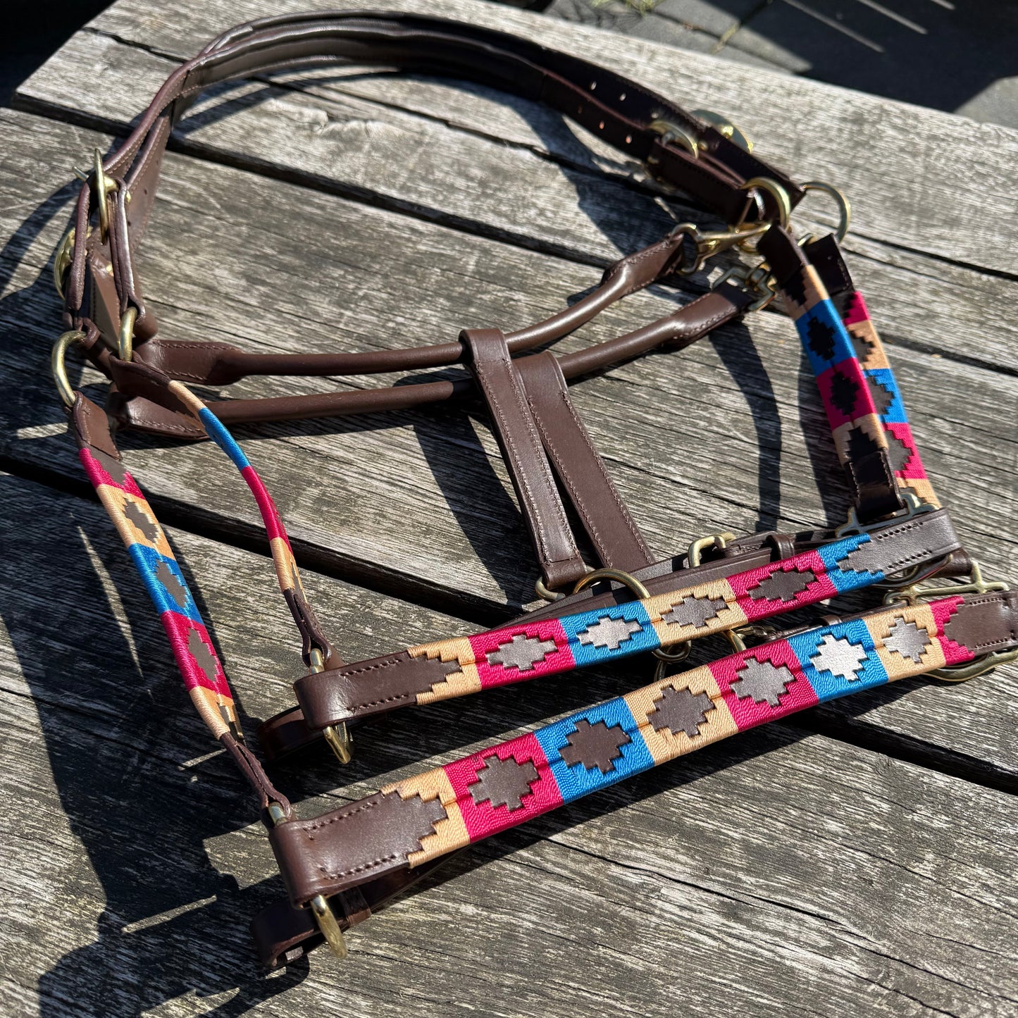 FMH - Havana lederen polo halster ‘Polo Vaquero Classy’ rood/blauw/crème
