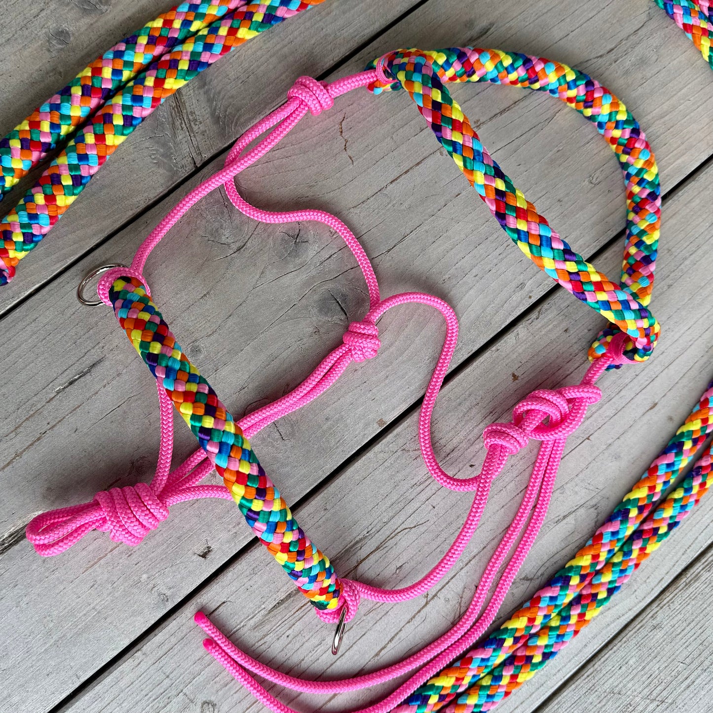 Het Paardenatelier - Touwhalster set rijhalster + teugels ‘Rainbow’ roze
