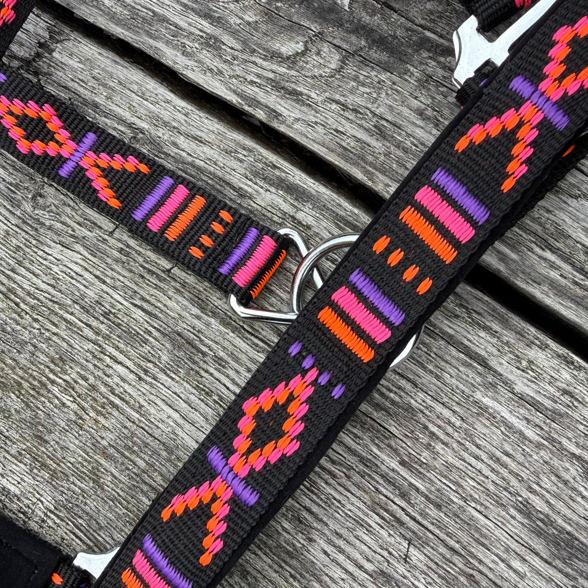 FMH - Geborduurd nylon halster met padding ‘Nomad Spirit Neon’