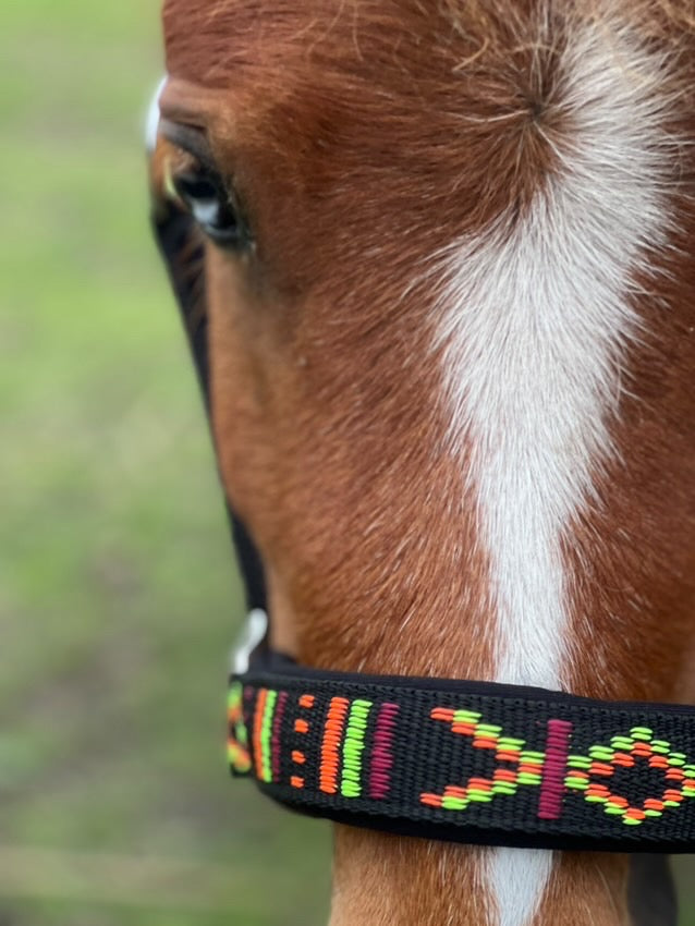 FMH - Geborduurd nylon halster met padding ‘Nomad Spirit’ zwart