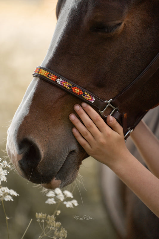 FMH - Cognac lederen halster met kraaltjes ‘Beaded Bronco Sunset’ geel/oranje/paars