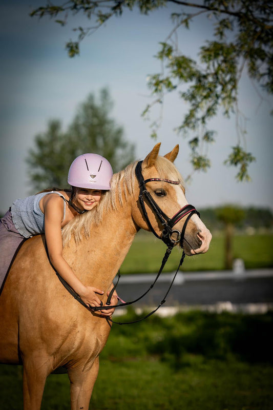 FMH - Luxe Hanoverian hoofdstel ‘Oops, I’m a Diva’ met dubbele neusriem roze onderlegd zwart leder incl. teugels