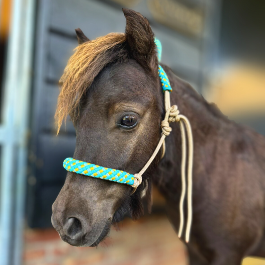 Het Paardenatelier - Touwhalster set halster + halstertouw ‘Summer Vibes’ beige/ turquoise/ geel