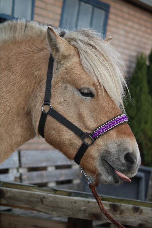 Handgemaakte paardenhalsters - Geknoopt halster ‘Purple Rain’ Antraciet/paars