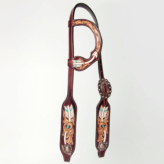LS Western - HS Western Lederen one-ear hoofdstel met veertje turquoise wit