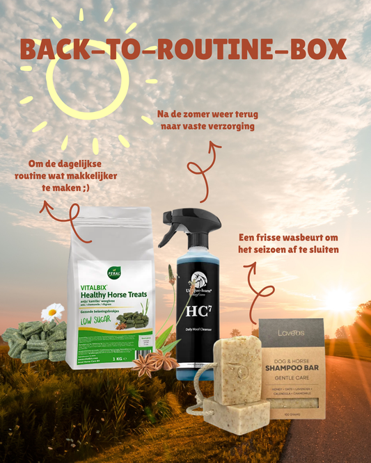Back to Routine Box met Vitalbix Healthy Horse Treats, Unique-horn HC7 hoevenreiniger en Laveos Gentle Care shampoobar.