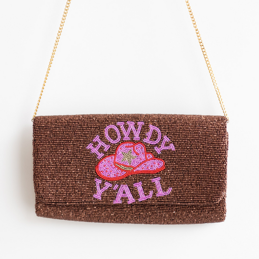Pria Handmade - Beaded Bag schoudertas clutch Howdy Y'all bruin/ roze