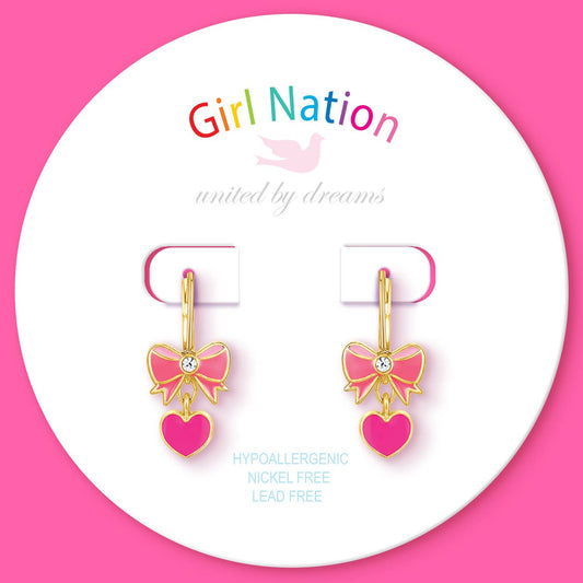 Girl Nation - Roze hart en strik oorbellen met klaphaaksluiting