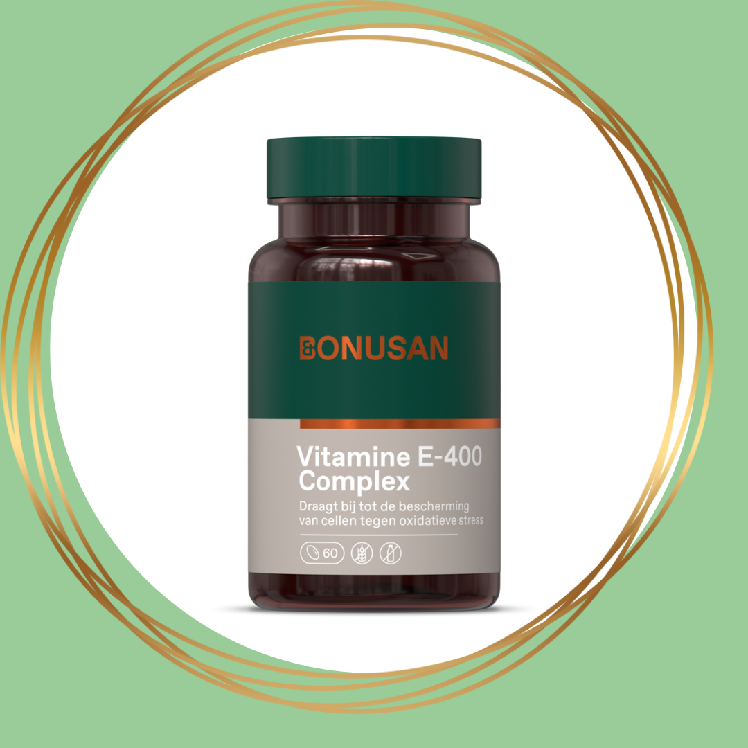Bonusan Vitamine E‑400 Complex, natuurlijke vitamine E met gemengde tocoferolen in softgels.