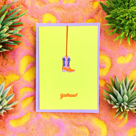 Pink Stories - Neon kaart met cadeauhanger Jeehaw Laars lila