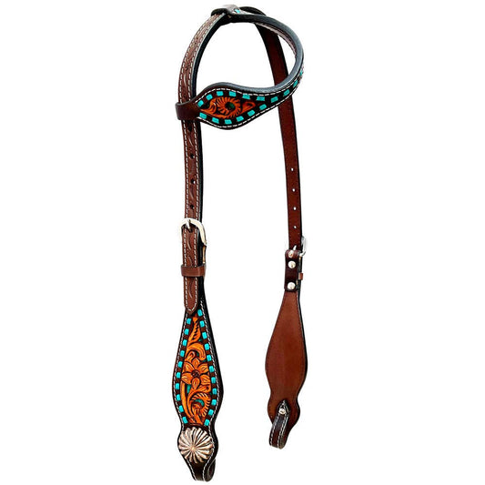 LS Western - Western Lederen Eén Oor Hoofdstel met bloemen tooling en turquoise afwerking