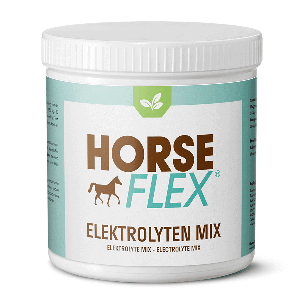 Elektrolytenmix van HorseFlex, geschikt voor paarden die veel zweten bij warm weer of inspanning.