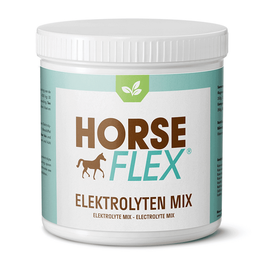 Elektrolytenmix van HorseFlex, geschikt voor paarden die veel zweten bij warm weer of inspanning.