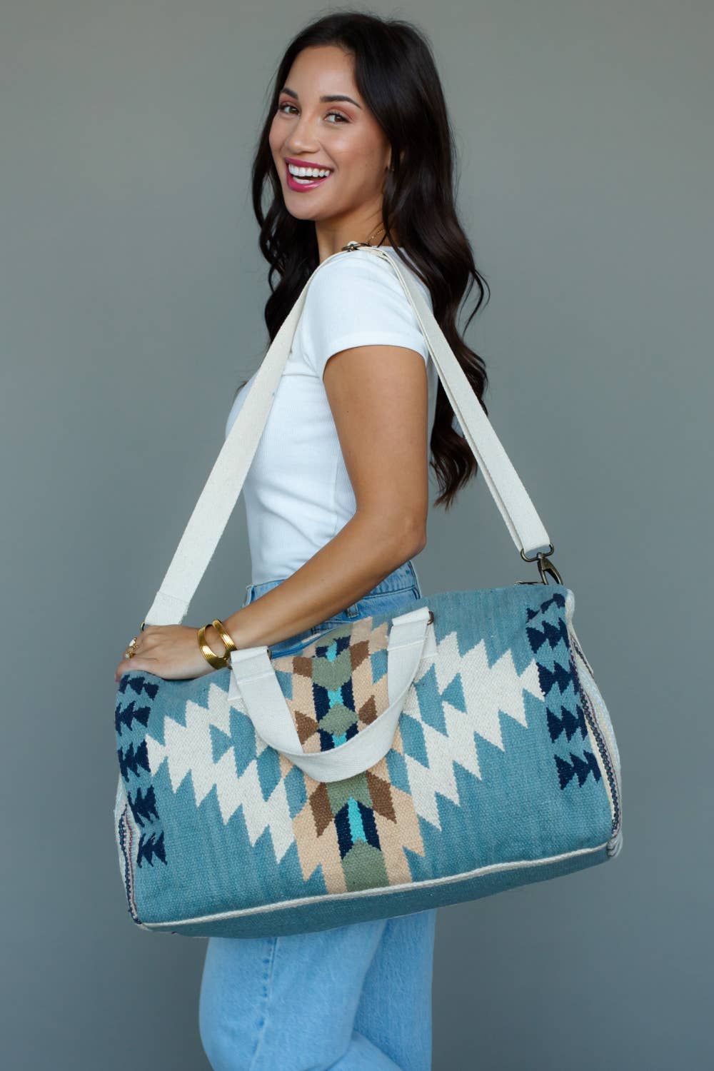 Panache Apparel Co - Blauw, Crème & Tan Western Reistas weekendtas