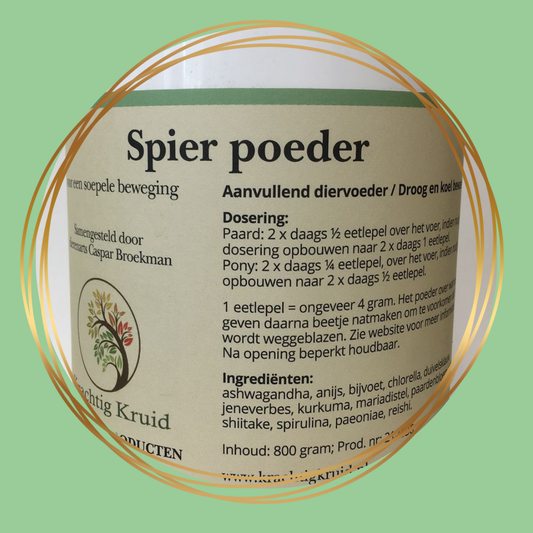 Krachtig Kruid Spierpoeder voor paarden, natuurlijke kruidenmix ter ondersteuning van spieren en bewegingscomfort.