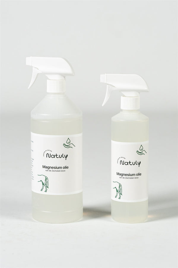 Magnesiumoliespray van Natuly, ideaal voor dagelijkse spierverzorging bij paarden.