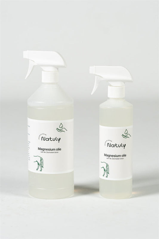 Magnesiumoliespray van Natuly, ideaal voor dagelijkse spierverzorging bij paarden.