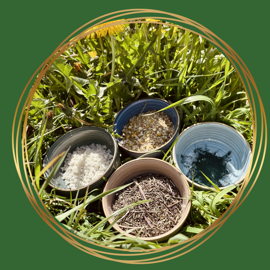 Natuurlijk mineralenbar‑pakket voor paarden met vier pure ingrediënten: pepermunt, kamille, chlorella en Keltisch zeezout.