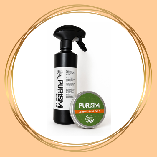 Purism Zomercomfort Pakket met natuurlijke spray en verzorgende zalf voor paarden in de zomer.