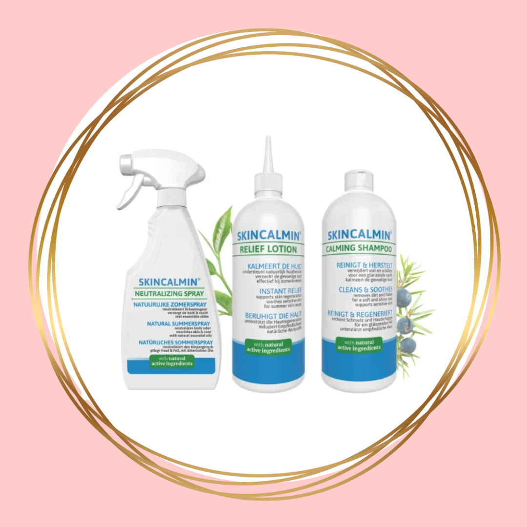 SKINCALMIN 3-stappen huidverzorgingsset voor paarden met gevoelige huid en zomerkriebels: lotion, spray en shampoo.