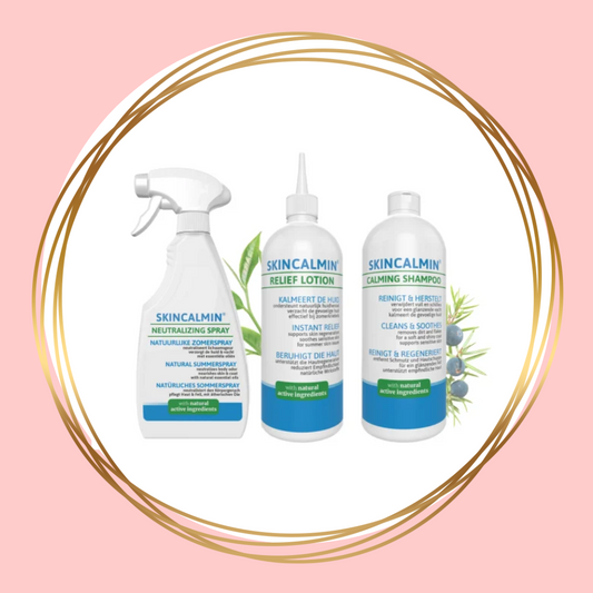 SKINCALMIN 3-stappen huidverzorgingsset voor paarden met gevoelige huid en zomerkriebels: lotion, spray en shampoo.