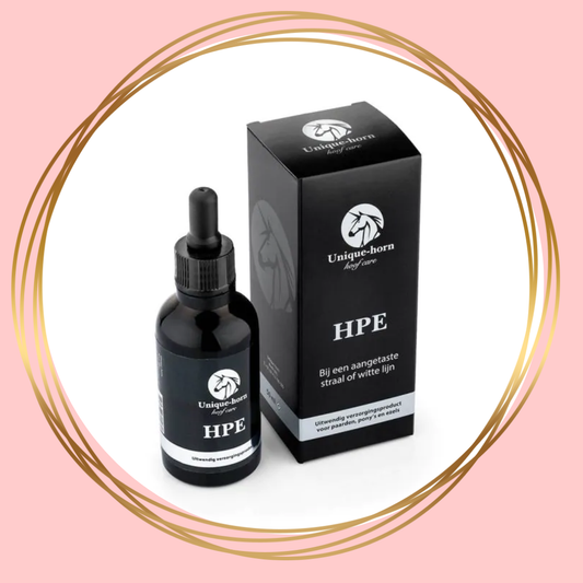 Glazen flesje Unique-horn HPE 50ml met pipet voor gerichte hoefverzorging bij paarden.
