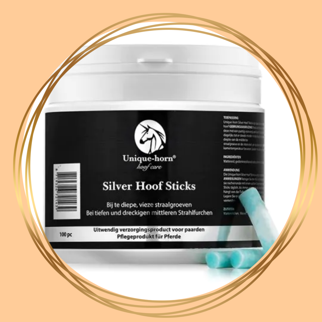 Verpakking van Unique-horn Silver Hoof Sticks voor hoefverzorging bij paarden